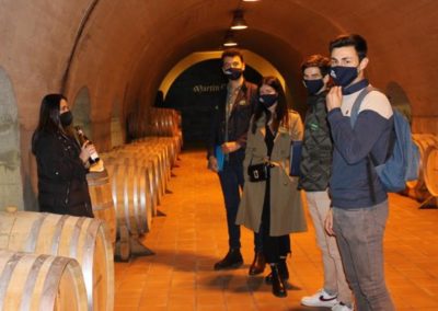 Un grupo de alumnos de MASCOMEX, junto con el personal técnico de la bodega durante las explicaciones sobre la historia de Martín Códax y el proceso de producción del vino